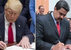 President Donald Trump signs an executive order, left, while Venezuela's President Nicolas Maduro, right, attends a signing ceremony. (Photos: Reuters/Miraflores Palace/Handout)