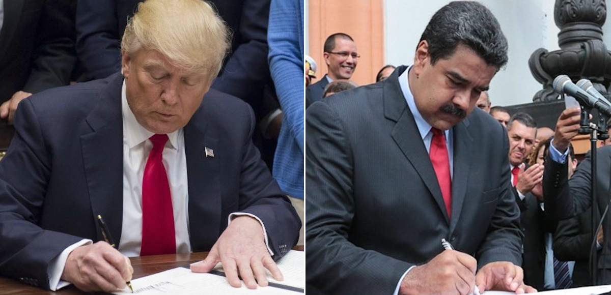 President Donald Trump signs an executive order, left, while Venezuela's President Nicolas Maduro, right, attends a signing ceremony. (Photos: Reuters/Miraflores Palace/Handout)