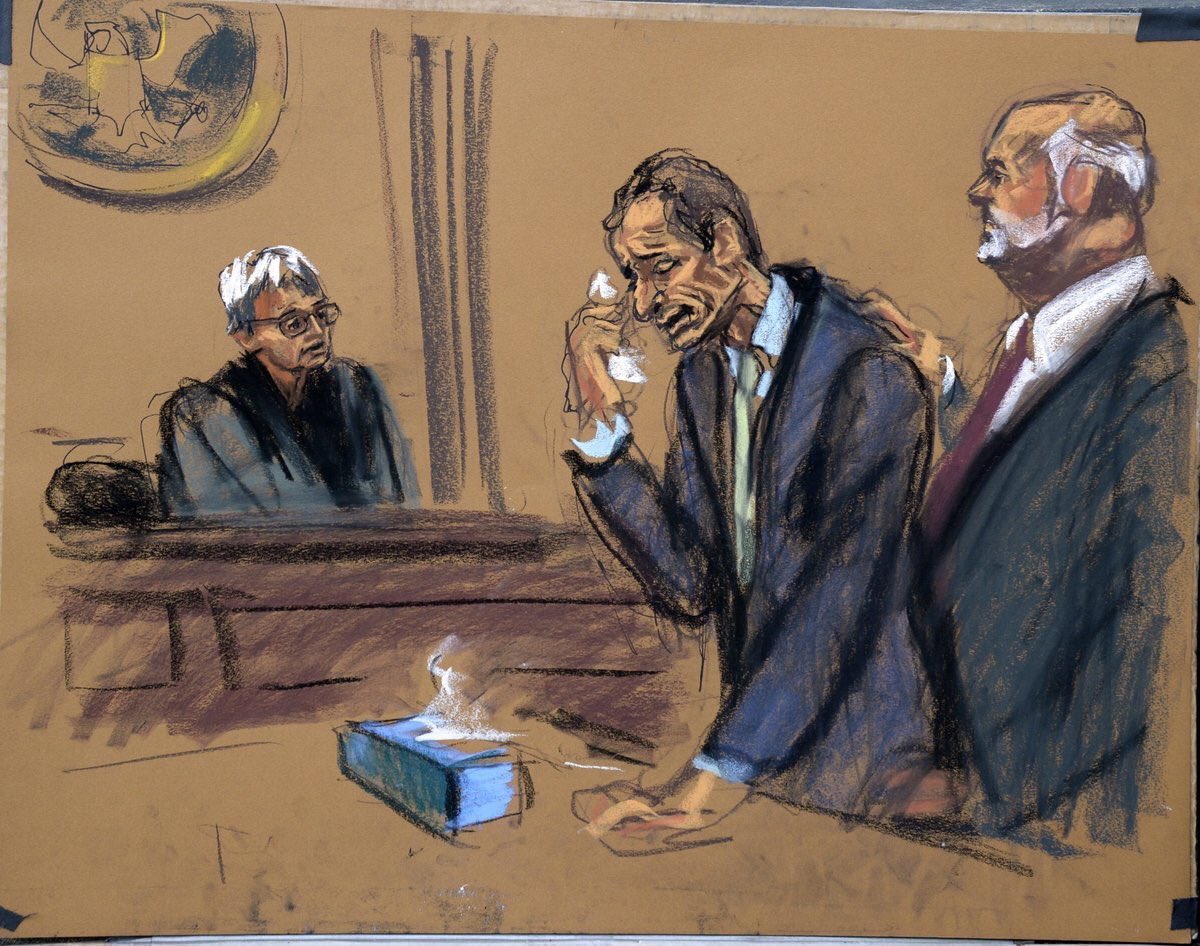 Courtroom sketch of disgraced former Congressman Anthony Weiner, longtime ally of the Clintons and husband to Hillary Clinton's aide Huma Abedin, as the judge sentences him to 21 months in federal prison.