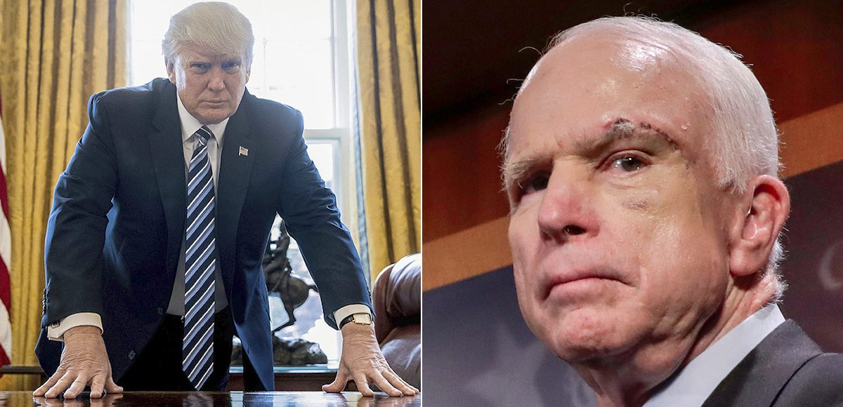 President Donald Trump, left, poses for a portrait in the Oval Office, while Senator John McCain, right, of Arizona speaks with reporters. (Photos: AP)