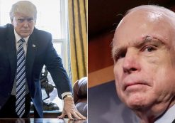 President Donald Trump, left, poses for a portrait in the Oval Office, while Senator John McCain, right, of Arizona speaks with reporters. (Photos: AP)