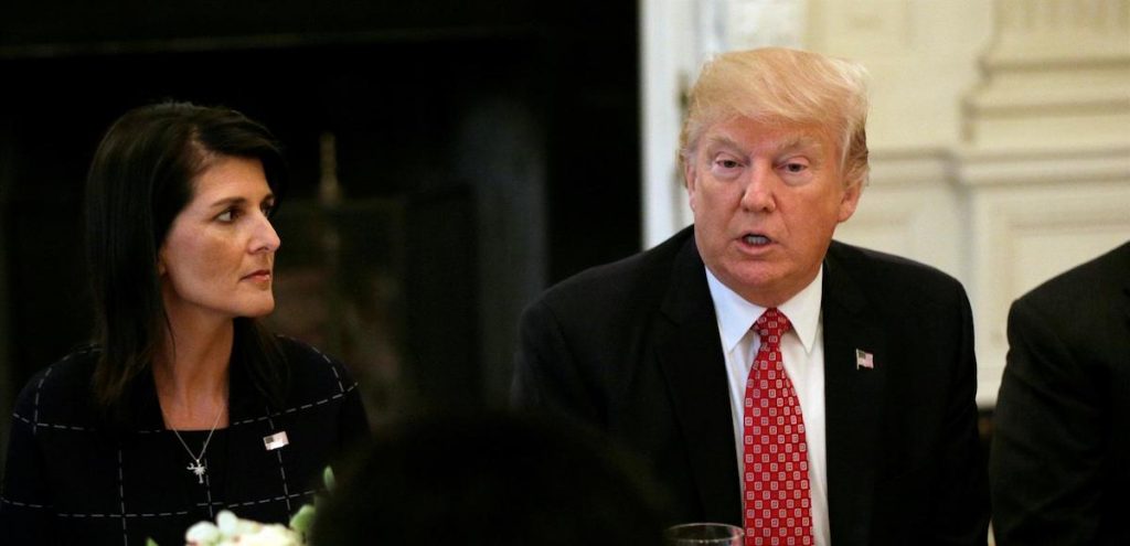 U.S. Ambassador to the United Nations Nikki Haley and President Donald Trump attend a working lunch with ambassadors on the UN Security Council. (Photo: Reuters)