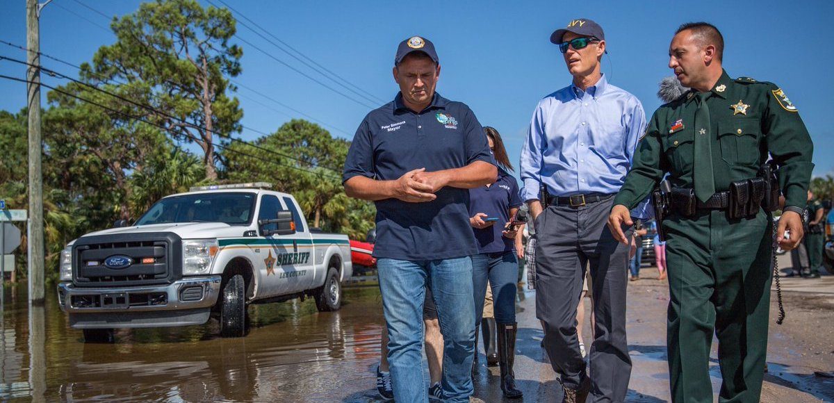 Governor Rick Scott surveys the damage done by Hurricane Irma in Bonita Springs, Florida on Tuesday September 12, 2017.