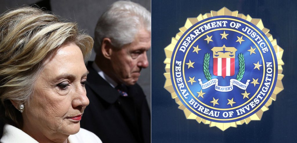 Hillary Clinton and Bill Clinton, left, attend a meeting with President Donald J. Trump on Inauguration Day. FBI graphic, right. (Photo: AP)