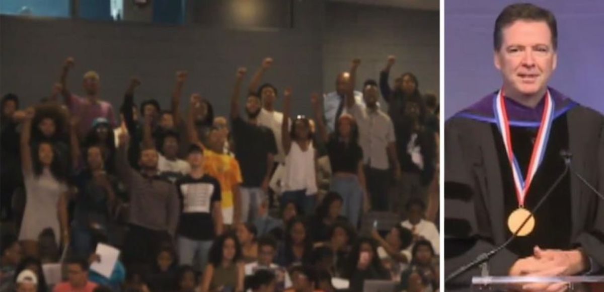 Former FBI director James Comey, right, gets shouted down by protestors at Howard University, left, the historically all-black college.