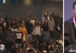 Former FBI director James Comey, right, gets shouted down by protestors at Howard University, left, the historically all-black college.
