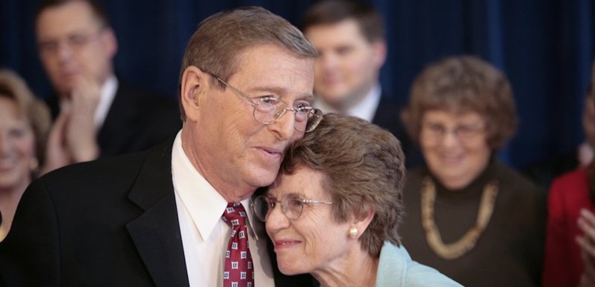 In this Thursday, Oct. 4, 2007, file photo, Sen. Pete Domenici, R-N.M., embraces his wife Nancy, right, as he finishes a news conference, in Albuquerque, N.M. Domenici, who became a power broker in the Senate for his work on the federal budget and energy policy, has died. Domenici was 85. The law firm of Pete Domenici Jr., the senator’s son, confirms that the former lawmaker died Wednesday, Sept. 13, 2017, in Albuquerque but did not provide any details.