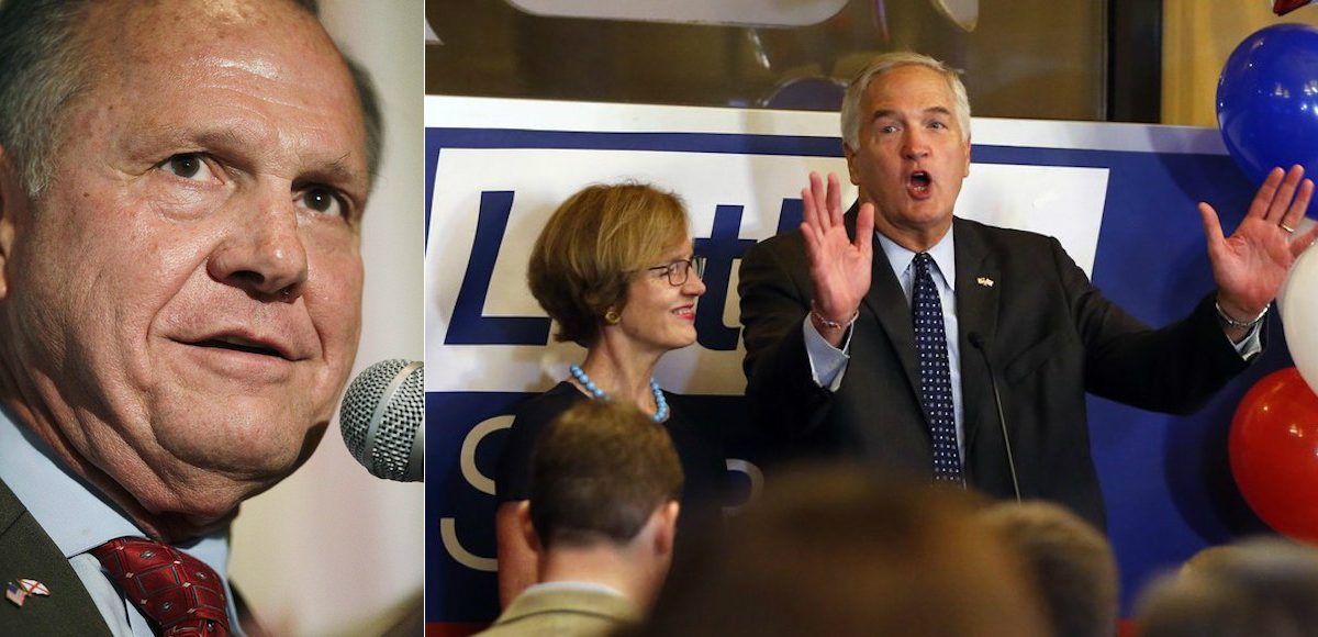 Sen. Luther Strange speaks to supporters after forcing a runoff against former Chief Justice Roy Moore, Tuesday, Aug. 15, 2017, in Homewood, Ala., while former Alabama Chief Justice and U.S. Senate candidate Roy Moore speaks to supporters Tuesday, Aug. 15, 2017, in Montgomery, Ala., after he forced a Senate primary runoff with Sen. Luther Strange to fill the U.S. Senate seat previously held by Attorney General Jeff Sessions. (Photos: AP)