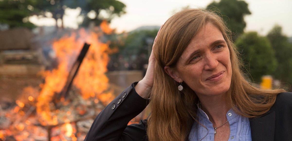 Former U.S. Ambassador to the United Nations Samantha Power stands near the first Cameroon Ivory Burn at the Palais des Congres in Yaounde, Cameroon. (Photo: AP)