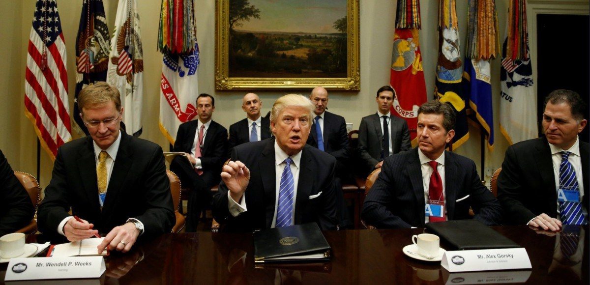 President Donald Trump hosts a meeting with business leaders in the Roosevelt Room of the White House in Washington on Monday January 23, 2017. (Photo: Reuters)