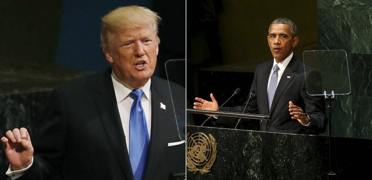 President Donald Trump, left, addresses the 72nd United Nations General Assembly (UNGA) at U.N. headquarters in New York, U.S., September 19, 2017, while former President Barack Obama, right, addresses the UNGA on September 28, 2015. (Photos: Reuters)