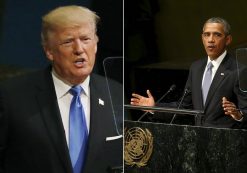 President Donald Trump, left, addresses the 72nd United Nations General Assembly (UNGA) at U.N. headquarters in New York, U.S., September 19, 2017, while former President Barack Obama, right, addresses the UNGA on September 28, 2015. (Photos: Reuters)