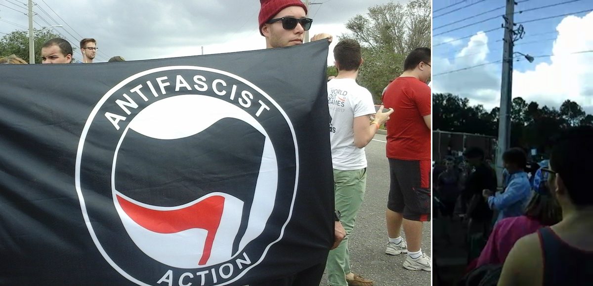 Antifa, left, protesting Richard Spencer speaking at the University of Florida (UF), left. After the speech, Antifa harrassed Fox News' Phil Keating, right, by screaming profanities and chasing him up Hull Road on October 19, 2017. (Photos: People's Pundit Daily)