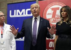 President Donald Trump talks as First Lady Melania Trump and surgeon Dr. John Fildes listens at the University Medical Center after Trump met with survivors of the mass shooting on Wednesday, October 4, 2017, in Las Vegas. (Photo: AP)