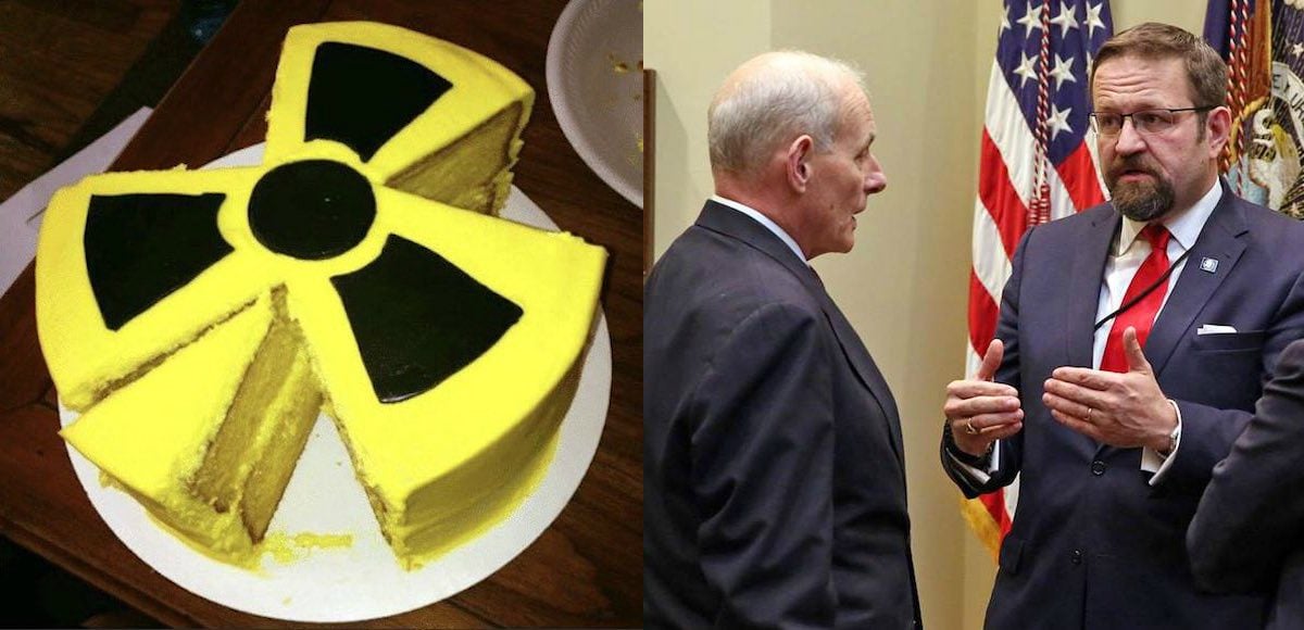 Dr. Sebastian Gorka, right, talks with then-Homeland Security Secretary John F. Kelly, left-center, before a meeting with President Donald Trump. Dr. Gorka tweeted out a Uranium Birthday Cake for Hillary Clinton, left. (Photo: AP)