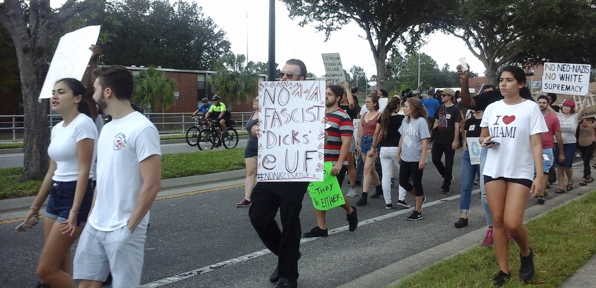 Antifa and protestors march against Richard Spencer speaking at the University of Florida (UF) on Hull Road in Gainesville, Florida on October 19, 2017. (Photo: People's Pundit Daily)