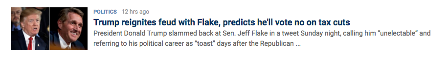 Headline on FoxNews.com in response to President Trump responding to Senator Jeff Flake, R-Ariz., who has been rejected by the voters of his state.(Photo: Screenshot)