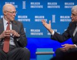 Former U.S. Treasury Secretaries Henry Paulson, left, and Robert Rubin, right, attend a panel discussion titled 