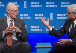 Former U.S. Treasury Secretaries Henry Paulson, left, and Robert Rubin, right, attend a panel discussion titled 