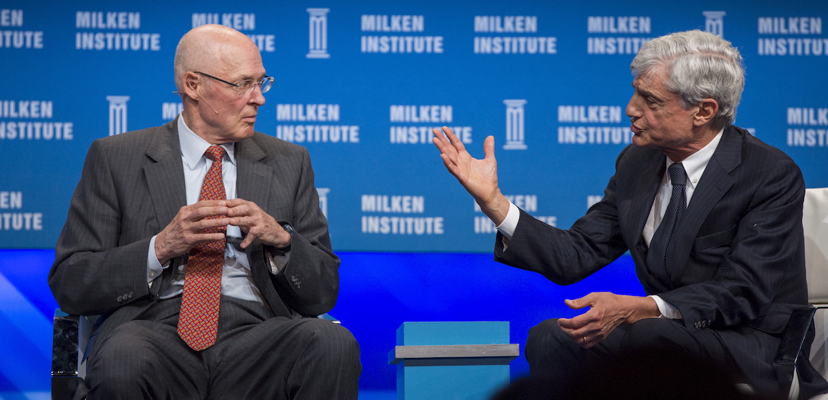 Former U.S. Treasury Secretaries Henry Paulson, left, and Robert Rubin, right, attend a panel discussion titled "The Global Economy" at the Milken Institute Global Conference in Beverly Hills, California April 27, 2015. (Photo: Reuters)