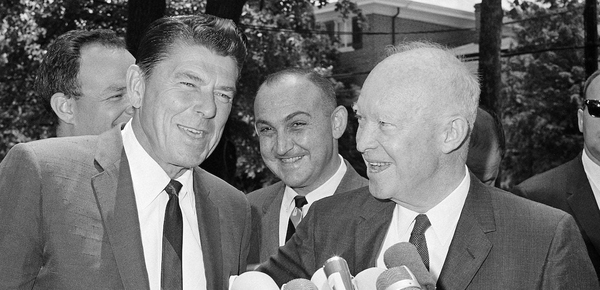 Ronald Reagan, left, Republican candidate for governor of California and former President Dwight D. Eisenhower, are all smiles as they are interviewed by newsmen outside Eisenhower's Gettysburg, Penn., office, June 15, 1966. Reagan paid a courtesy call on the former president and discussed politics. (Photo: AP)