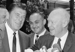 Ronald Reagan, left, Republican candidate for governor of California and former President Dwight D. Eisenhower, are all smiles as they are interviewed by newsmen outside Eisenhower's Gettysburg, Penn., office, June 15, 1966. Reagan paid a courtesy call on the former president and discussed politics. (Photo: AP)