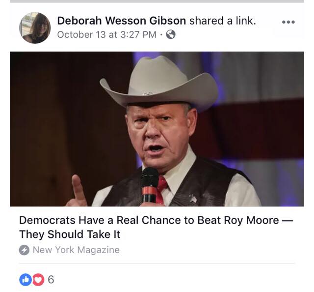 Screenshots taken from the Facebook profile of Debbie Wesson Gibson, one of the four women who accused Judge Roy Moore, the Republican candidate for U.S. Senate in Alabama, of sexual advances when they were underage.