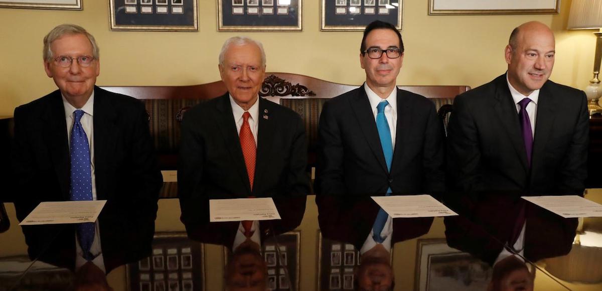 From left to right: Senate Majority Leader Mitch McConnell, R-Kty., Sen. Orrin Hatch, R-Utah, Treasury Secretary Steve Mnuchin and Director of the National Economic Council Gary Cohn introduce the Republican tax reform plan at the U.S. Capitol in Washington, U.S., November 9, 2017. (Photo: Reuters)