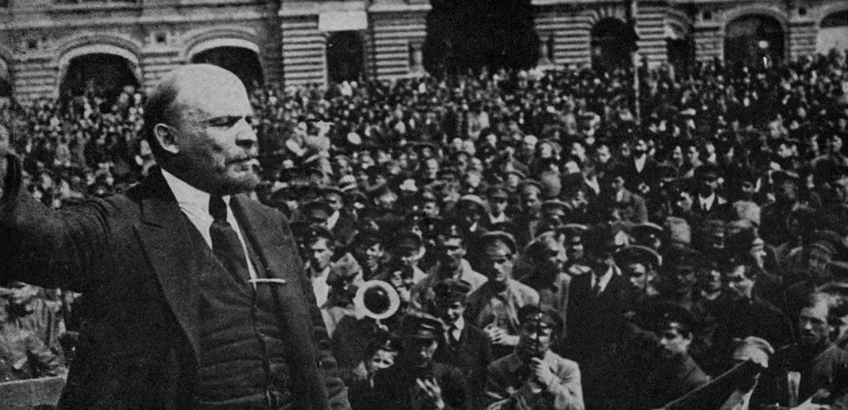 Vladimir Lenin rallies a huge crowd of supporters before storming the Winter Palace during the Bolshevik Revolution.