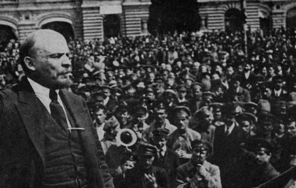 Vladimir Lenin rallies a huge crowd of supporters before storming the Winter Palace during the Bolshevik Revolution.