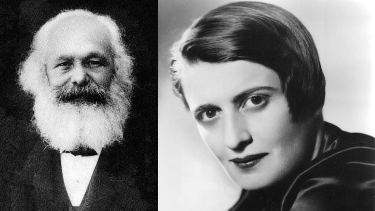 Karl Marx, left, the author of the 1848 pamphlet The Communist Manifesto, and Ayn Rand, right, the Russian-American author of Atlas Shrugged.