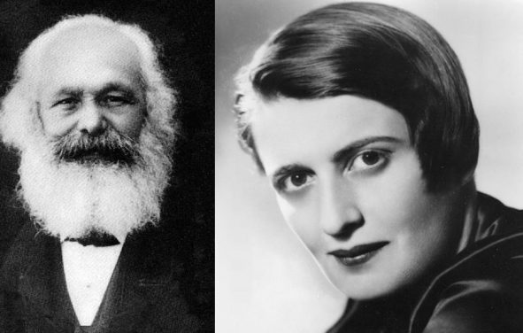 Karl Marx, left, the author of the 1848 pamphlet The Communist Manifesto, and Ayn Rand, right, the Russian-American author of Atlas Shrugged.