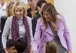 Secretary of Education Betsy DeVos, left, and First Lady Melania Trump chat with students during a visit to Orchard Lake Middle School in West Bloomfield, Mich., Monday, Oct. 23, 2017. (AP)