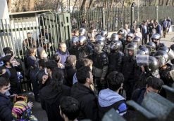 In this photo taken by an individual not employed by the Associated Press and obtained by the AP outside Iran, anti-riot Iranian police prevent university students to join other protesters over Iran weak economy, in Tehran, Iran, Saturday, Dec. 30, 2017. A wave of spontaneous protests over Iran’s weak economy swept into Tehran on Saturday, with college students and others chanting against the government just hours after hard-liners held their own rally in support of the Islamic Republic’s clerical establishment. (Photo: AP)