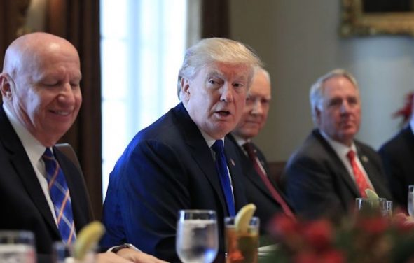 President Donald Trump speaks during a bicameral meeting with lawmakers working on the tax cuts in the Cabinet Meeting Room of the White House in Washington, Wednesday, Dec. 13, 2017. Attending the meeting are, from left, Rep. Kevin Brady, R-Texas; Trump; Sen. Orrin Hatch, R-Utah; Rep. John Shimkus, R-Ill., and Rep. Fred Upton, R-Mich. (AP Photo)