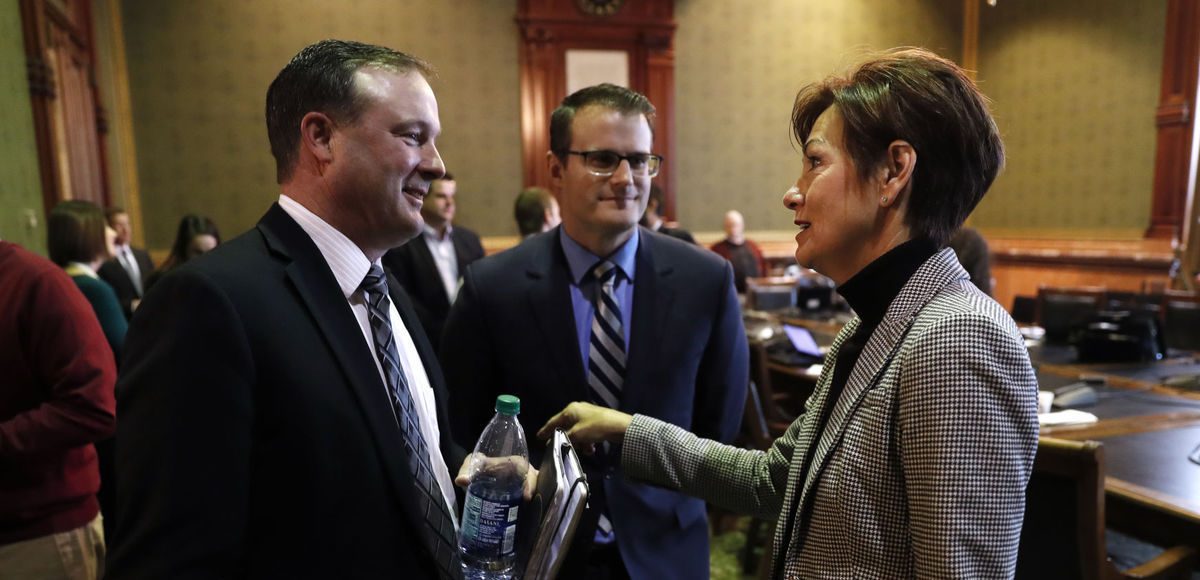 Iowa Senate Majority Leader Bill Dix, left, talks with Iowa Gov. Kim Reynolds, right, and acting Lt. Gov. Adam Gregg, center, during a legislative forum sponsored by The Associated Press, Thursday, Jan. 4, 2018, at the Statehouse in Des Moines, Iowa. (Photo: AP)