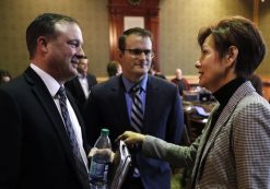 Iowa Senate Majority Leader Bill Dix, left, talks with Iowa Gov. Kim Reynolds, right, and acting Lt. Gov. Adam Gregg, center, during a legislative forum sponsored by The Associated Press, Thursday, Jan. 4, 2018, at the Statehouse in Des Moines, Iowa. (Photo: AP)