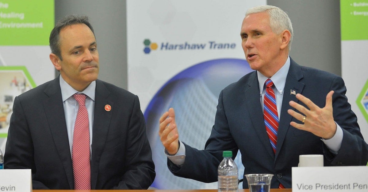 U.S. Vice President Mike Pence, right, sitting with Kentucky Governor Matt Bevin, left, discusses the American Health Care Act during a meeting with local business leaders at the Harshaw-Trane Parts and Distribution Center in Louisville, Kentucky, U.S. on March 11, 2017. (Photo: Reuters)