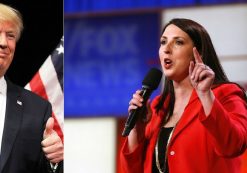 President Donald Trump, left, and RNC Chairwoman Ronna McDaniel, right, then the Michigan Republican Party chair, speaking before a Republican presidential primary debate in Detroit on March 3, 2016. (Photo: AP)