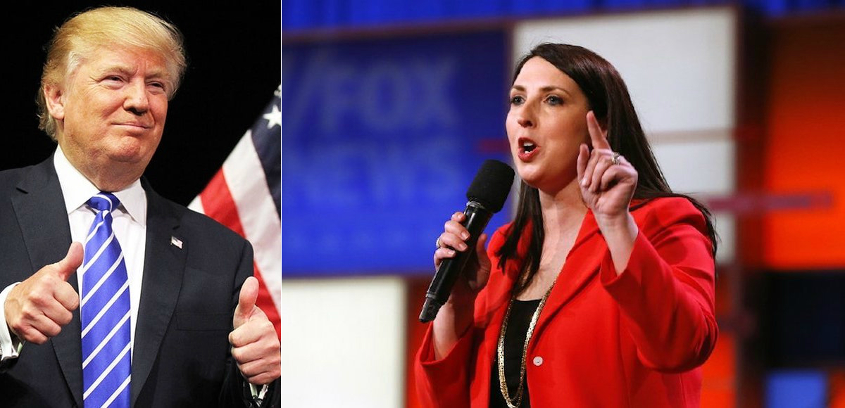 President Donald Trump, left, and RNC Chairwoman Ronna McDaniel, right, then the Michigan Republican Party chair, speaking before a Republican presidential primary debate in Detroit on March 3, 2016. (Photo: AP)