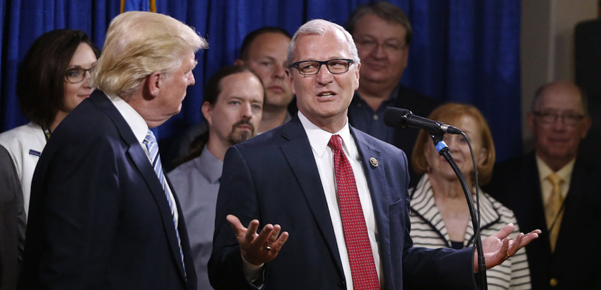 FILE - In this May 26, 2016 file photo, Rep., Kevin Cramer, R-ND, right, talks about being one of the first to endorse Republican presidential candidate Donald Trump, as Trump meets with some of the 22 delegates from North Dakota to the Republican National Convention in Bismarck, N.D. (Photo: AP)