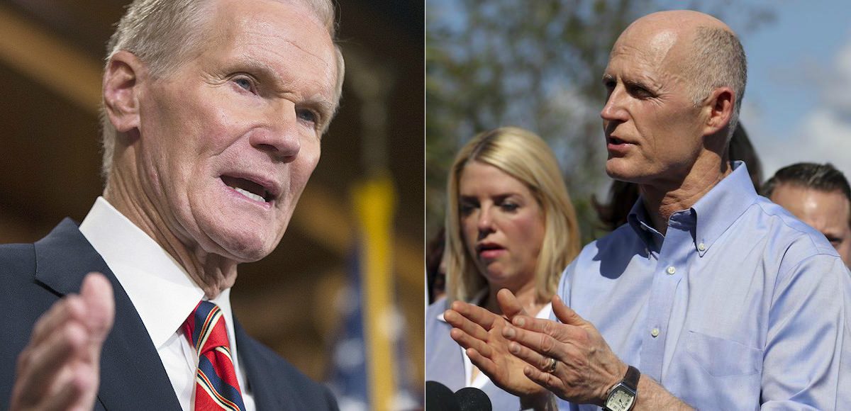 Sen. Bill Nelson, left, D-Fla. speaks about gun control during a news conference on Capitol Hill in Washington, Tuesday, June 21, 2016. Governor Rick Scott, right, speaks during a news conference to speak about the shooting the day before at Marjory Stoneman Douglas High School, Thursday, Feb. 15, 2018 in Parkland, Florida. (Photos: AP)