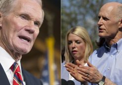 Sen. Bill Nelson, left, D-Fla. speaks about gun control during a news conference on Capitol Hill in Washington, Tuesday, June 21, 2016. Governor Rick Scott, right, speaks during a news conference to speak about the shooting the day before at Marjory Stoneman Douglas High School, Thursday, Feb. 15, 2018 in Parkland, Florida. (Photos: AP)