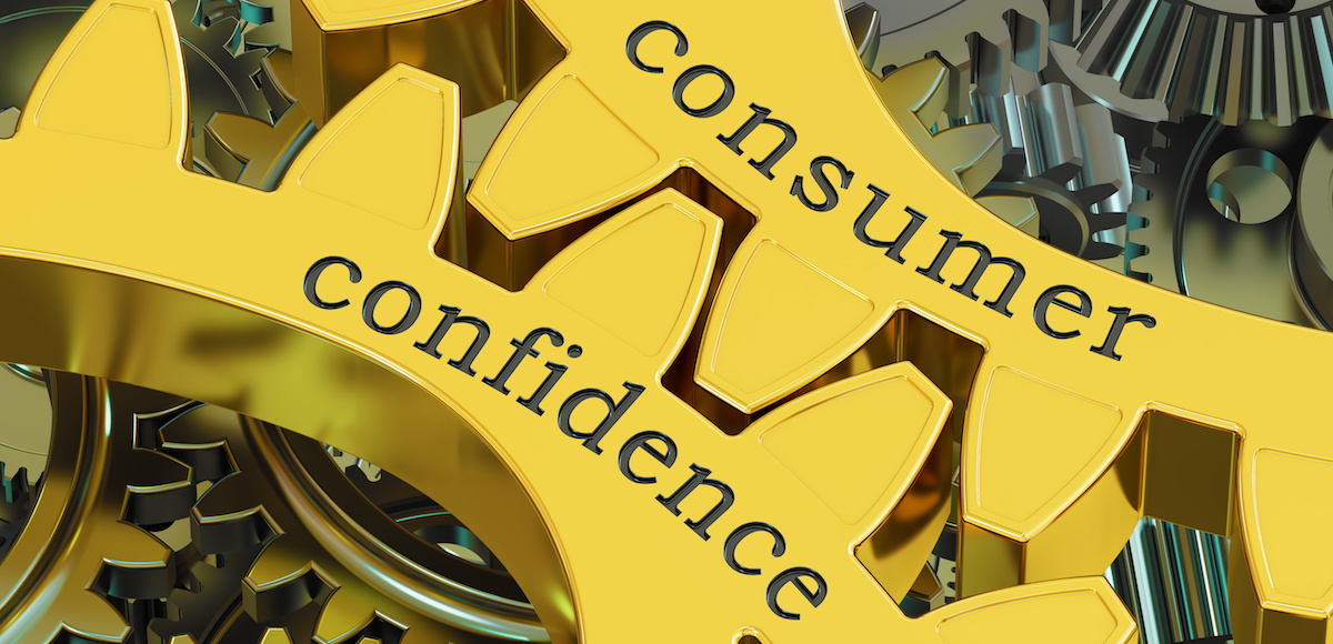 Consumer confidence 3D gear graphic reporting the Conference Board Consumer Confidence Index.