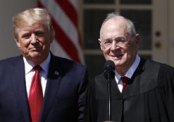 President Donald J. Trump, left, and Supreme Court Justice Anthony Kennedy participate in a public swearing-in ceremony for Justice Neil Gorsuch in the Rose Garden of the White House White House in Washington, Monday, April 10, 2017.