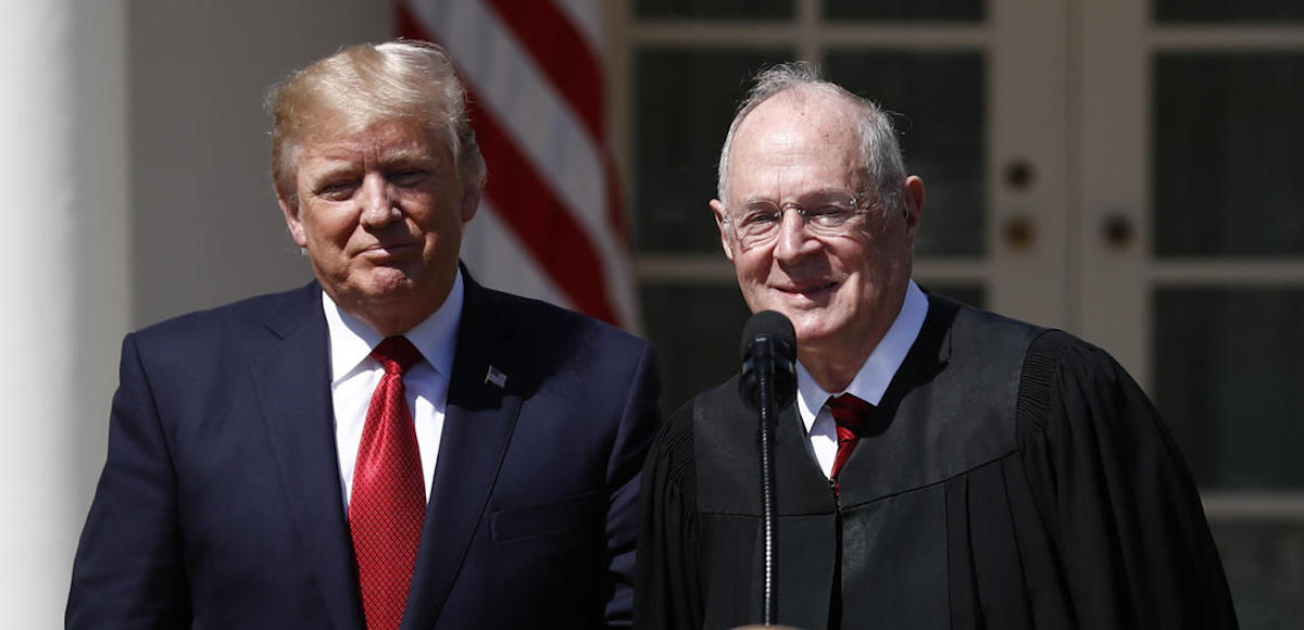 President Donald J. Trump, left, and Supreme Court Justice Anthony Kennedy participate in a public swearing-in ceremony for Justice Neil Gorsuch in the Rose Garden of the White House White House in Washington, Monday, April 10, 2017.