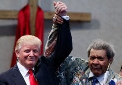 Boxing promoter Don King, right, holds up the hand of Republican presidential candidate Donald Trump during a visit to the Pastors Leadership Conference at New Spirit Revival Center, Wednesday, Sept. 21, 2016, in Cleveland, Ohio. (AP Photo)