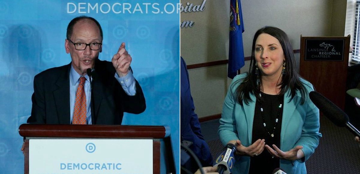 DNC Chairman Tom Perez, left, addresses the audience in Atlanta, Georgia, on February 25, 2017, while Republican National Committee Chairwoman Ronna McDaniel, right, addresses the media at the Lansing Regional Chamber of Commerce in Lansing, Mich., Friday, May 5, 2017. McDaniel met with Michigan Hispanic business owners and community members. (Photos: AP)