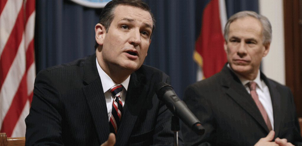 U.S. Sen. Ted Cruz, R-Texas, left, and Texas Republican Governor Greg Abbott, right, hold a joint press conference February 18, 2015 in Austin, Texas.