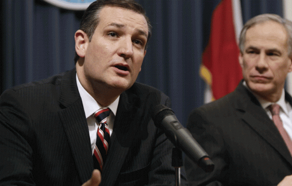 U.S. Sen. Ted Cruz, R-Texas, left, and Texas Republican Governor Greg Abbott, right, hold a joint press conference February 18, 2015 in Austin, Texas.
